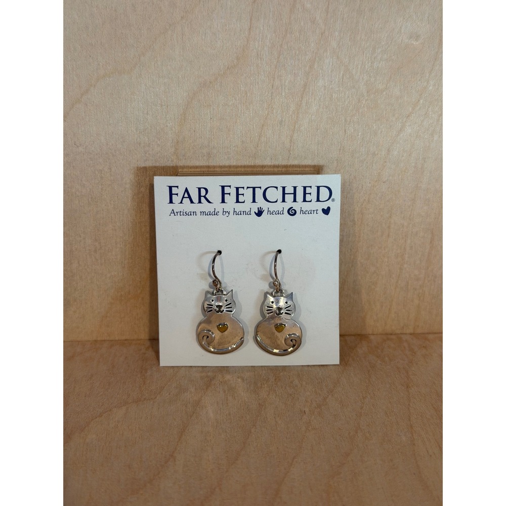 Far Fetched Mixed Metal Sterling Silver Cat Heart Dangle‎ Earrings